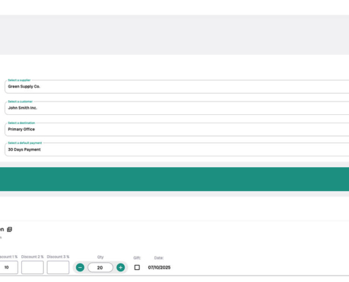 Screenshot Interfaccia di gestione ordini con dettagli su fornitore, cliente, destinazione, pagamento e carrello prodotti.