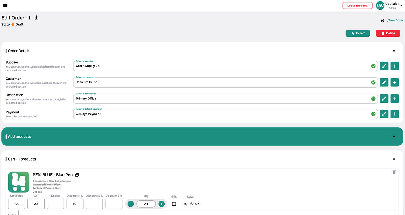 Screenshot Interfaccia di gestione ordini con dettagli su fornitore, cliente, destinazione, pagamento e carrello prodotti.