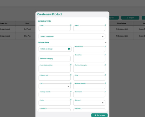 Screenshot Interfaccia di creazione prodotto con campi obbligatori e opzionali, gestione inventario digitale online.