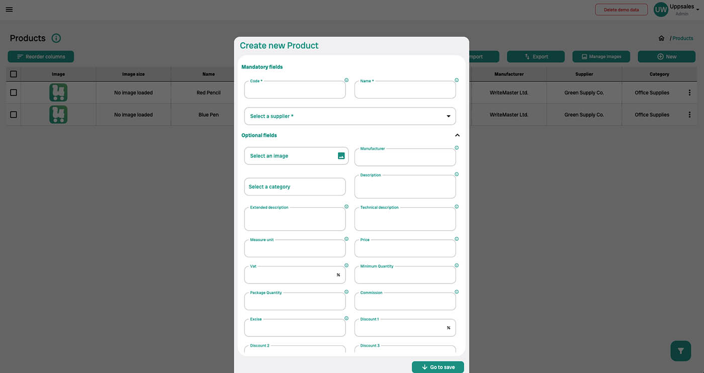 Screenshot Interfaccia di creazione prodotto con campi obbligatori e opzionali, gestione inventario digitale online.