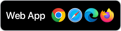 web-app Icone dei browser Safari, Chrome, Edge e Firefox accanto al testo Web App su sfondo nero.