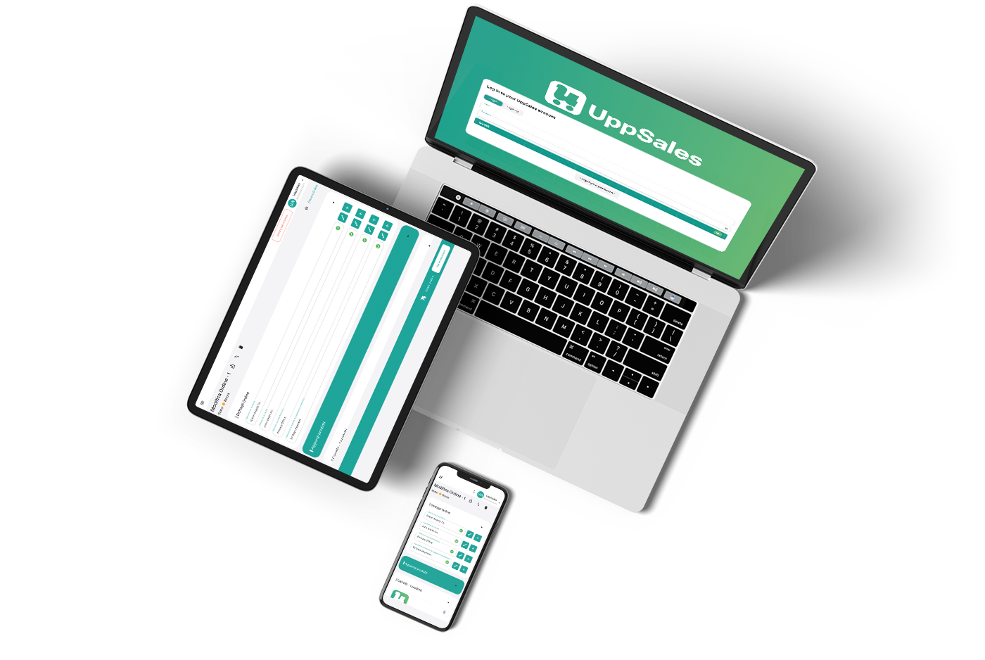 uppSales-multidevice Laptop, tablet e smartphone visualizzano l'interfaccia di UppSales su schermo verde.