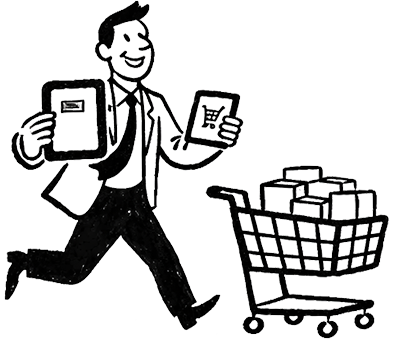 How it works 3 Businessman happily shopping with a cart full of items, holding clipboards in a playful, sketch-style illustration.