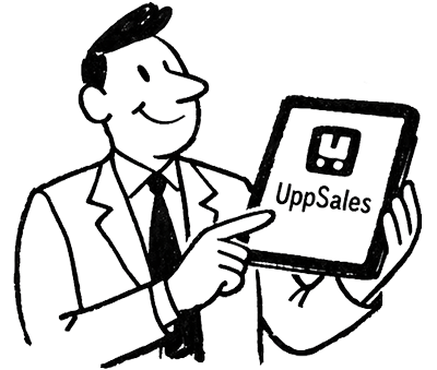 How it works 1 Illustration of a businessman holding a tablet displaying the UppSales logo, showcasing digital sales solutions.