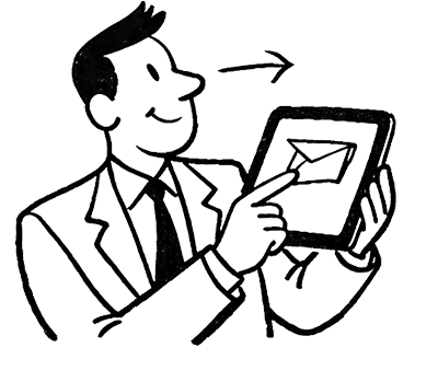 How it works 4 Businessman pointing to a digital tablet displaying an envelope, symbolizing email communication and technology.