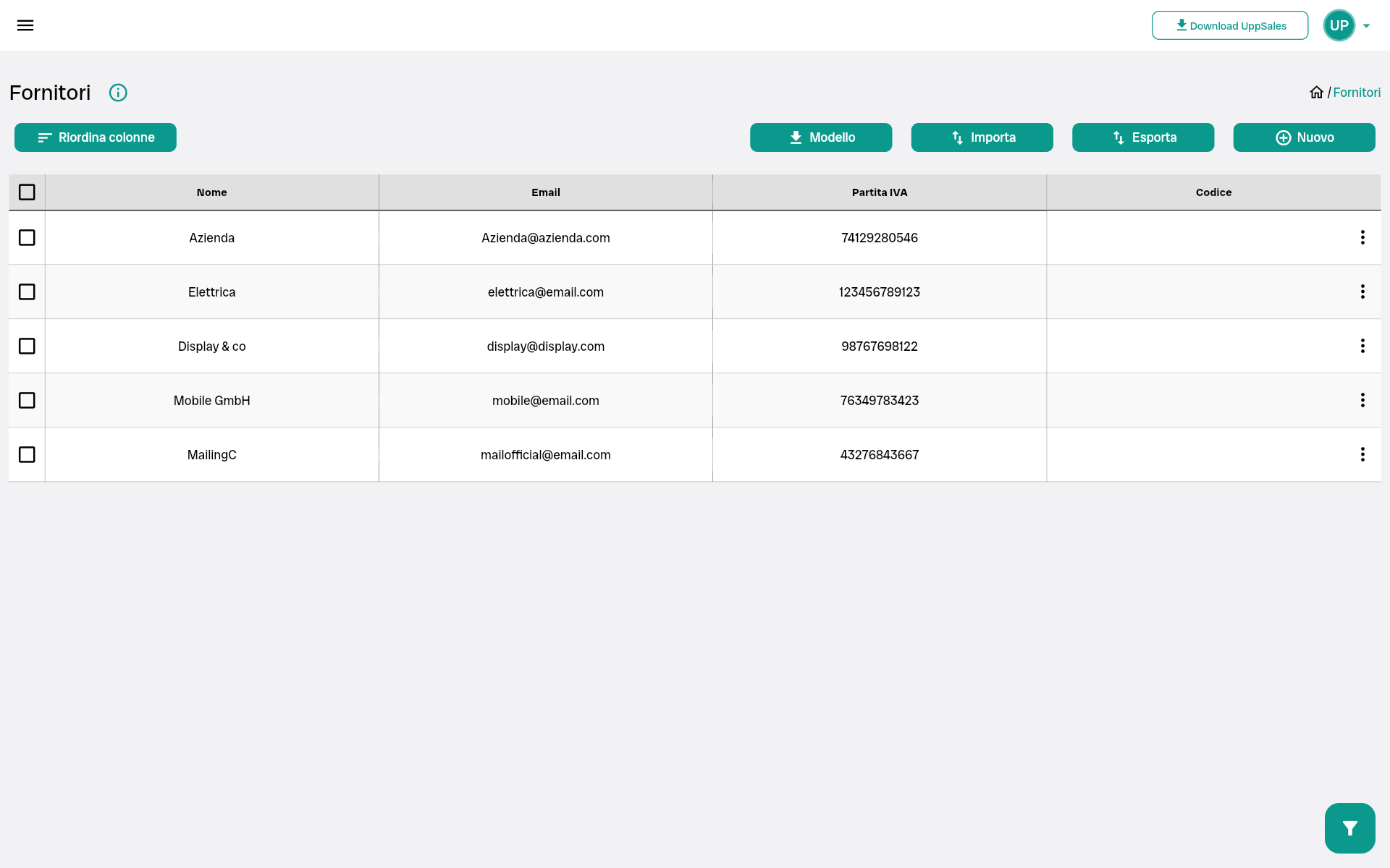 fornitori Tabella dei fornitori con dettagli su nome, email e partita IVA.
