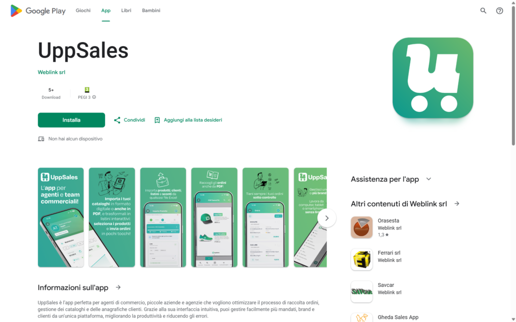 google_play_store Schermata dell'app UppsSales su Google Play, evidenziando funzionalità e interfaccia utente.