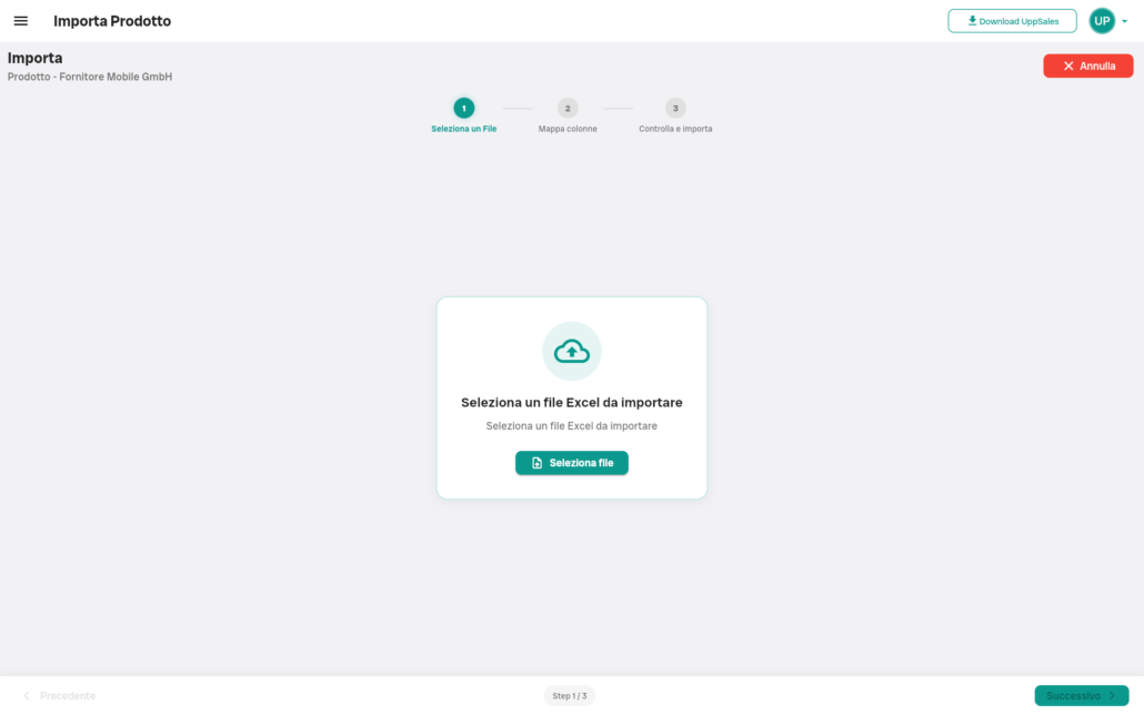import_dati-2 Schermata per importare un prodotto, con opzione per selezionare un file Excel. Passo 1 di 3.