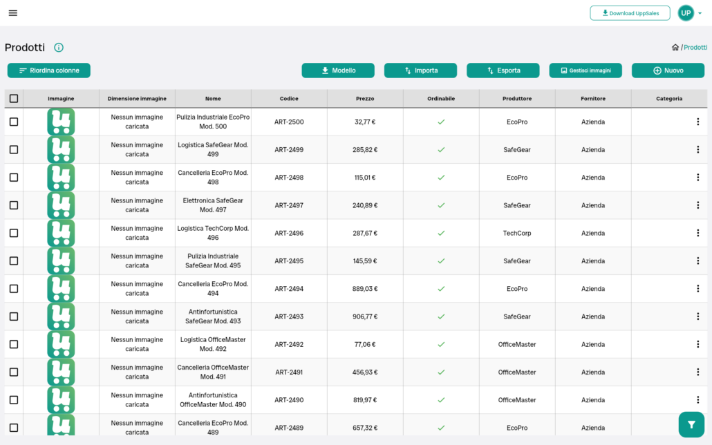 lista_prodotti Tabella dei prodotti con dettagli su codice, prezzo e disponibilità. Nessuna immagine caricata.