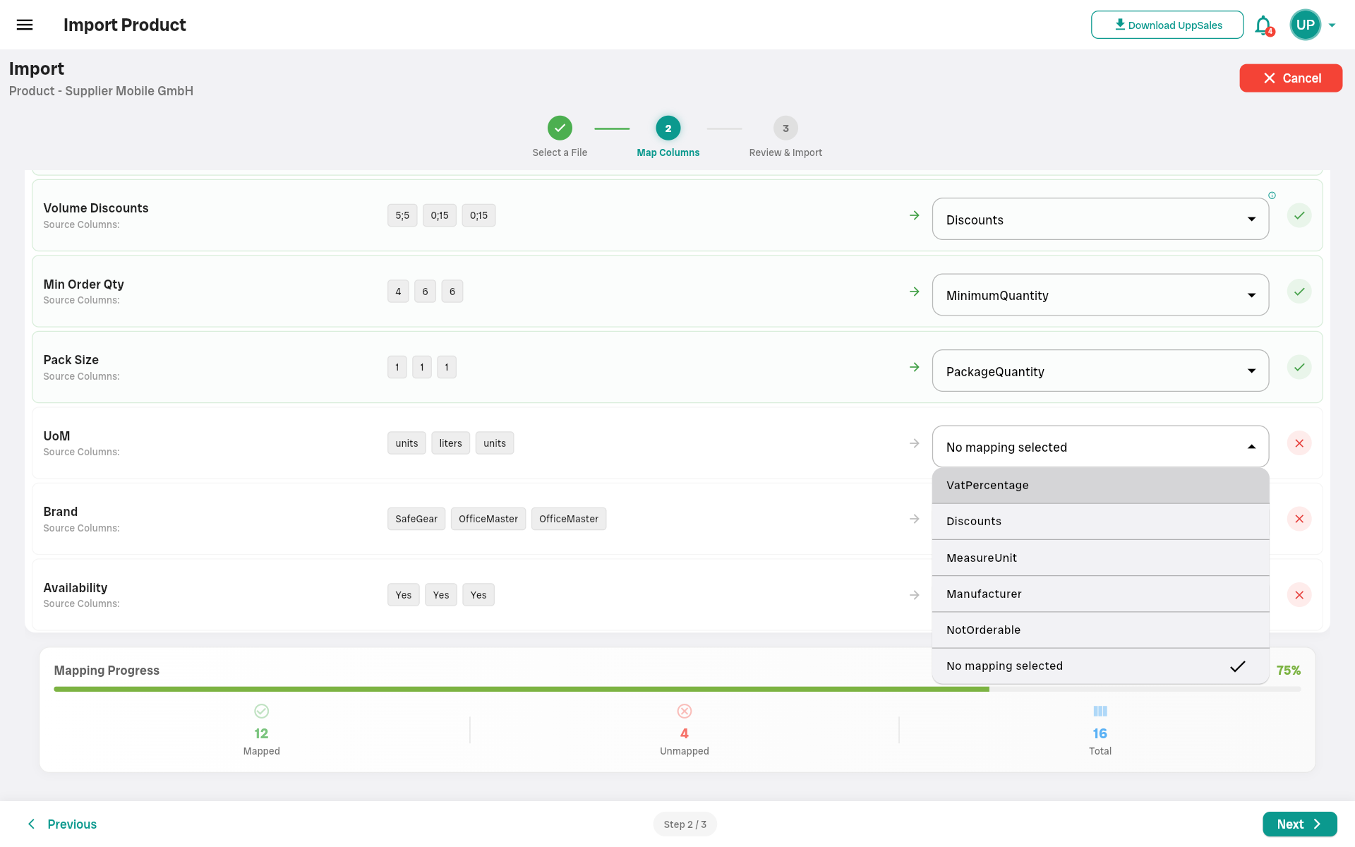 mapping Product import interface with columns to map, visual progress, and selection options.