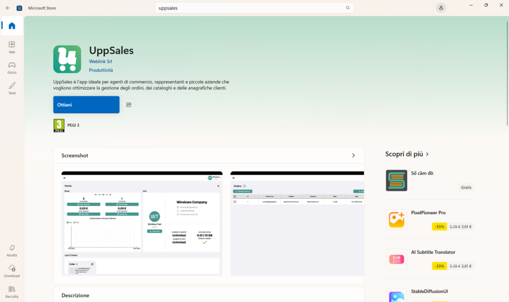 microsoft_app_store Screenshot dell'app UppSales nel Microsoft Store, evidenziando funzionalità di gestione ordini e cataloghi.