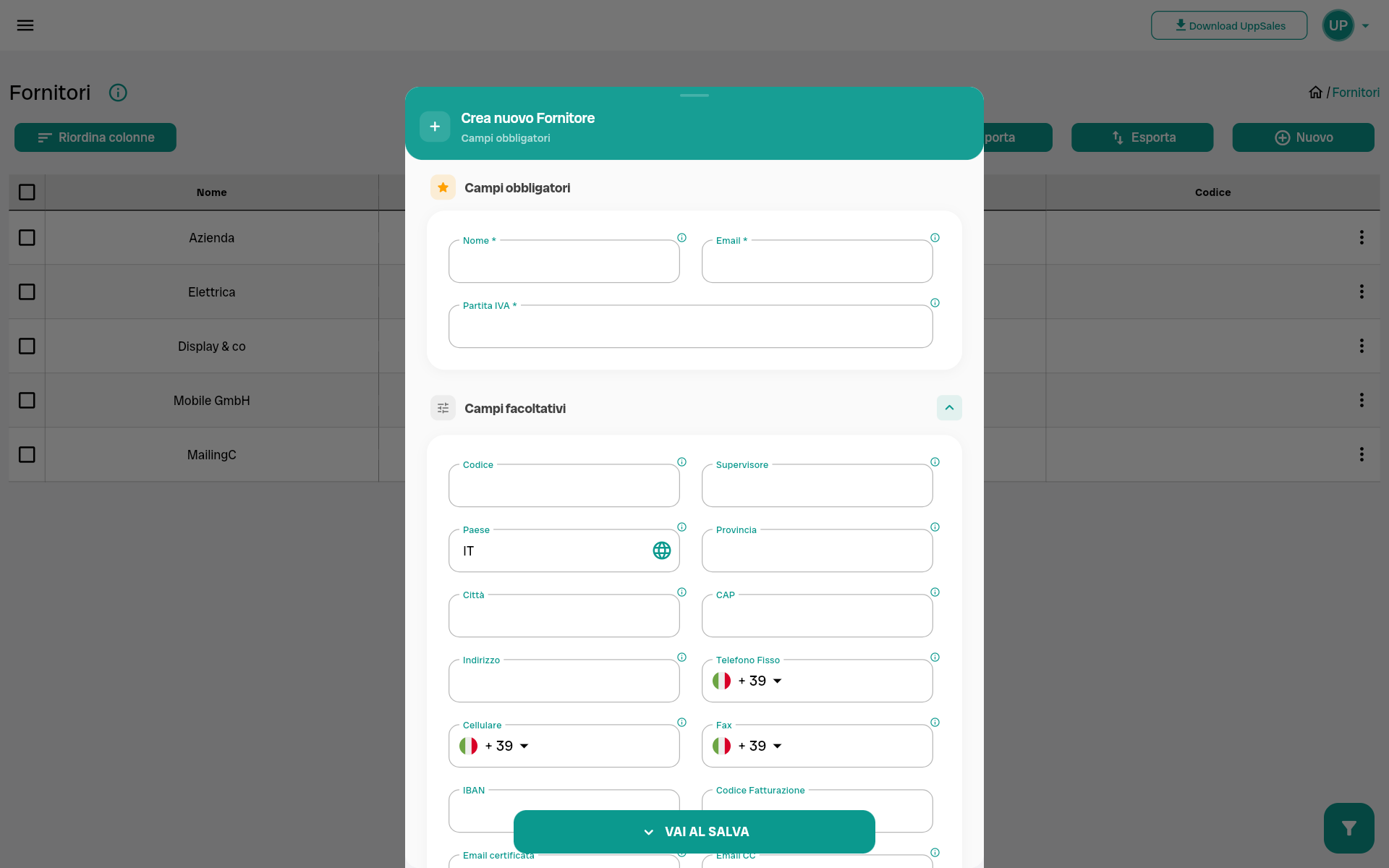 nuovo_fornitore Interfaccia per la creazione di un nuovo fornitore con campi obbligatori e facoltativi.