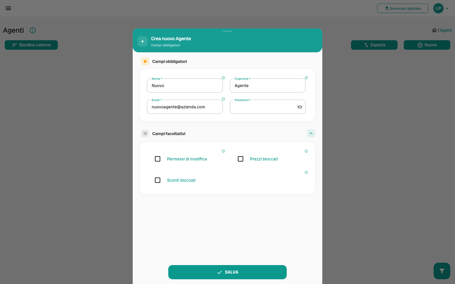 ordini_personalizzati-1 Interfaccia per la creazione di un nuovo agente con campi obbligatori e facoltativi.