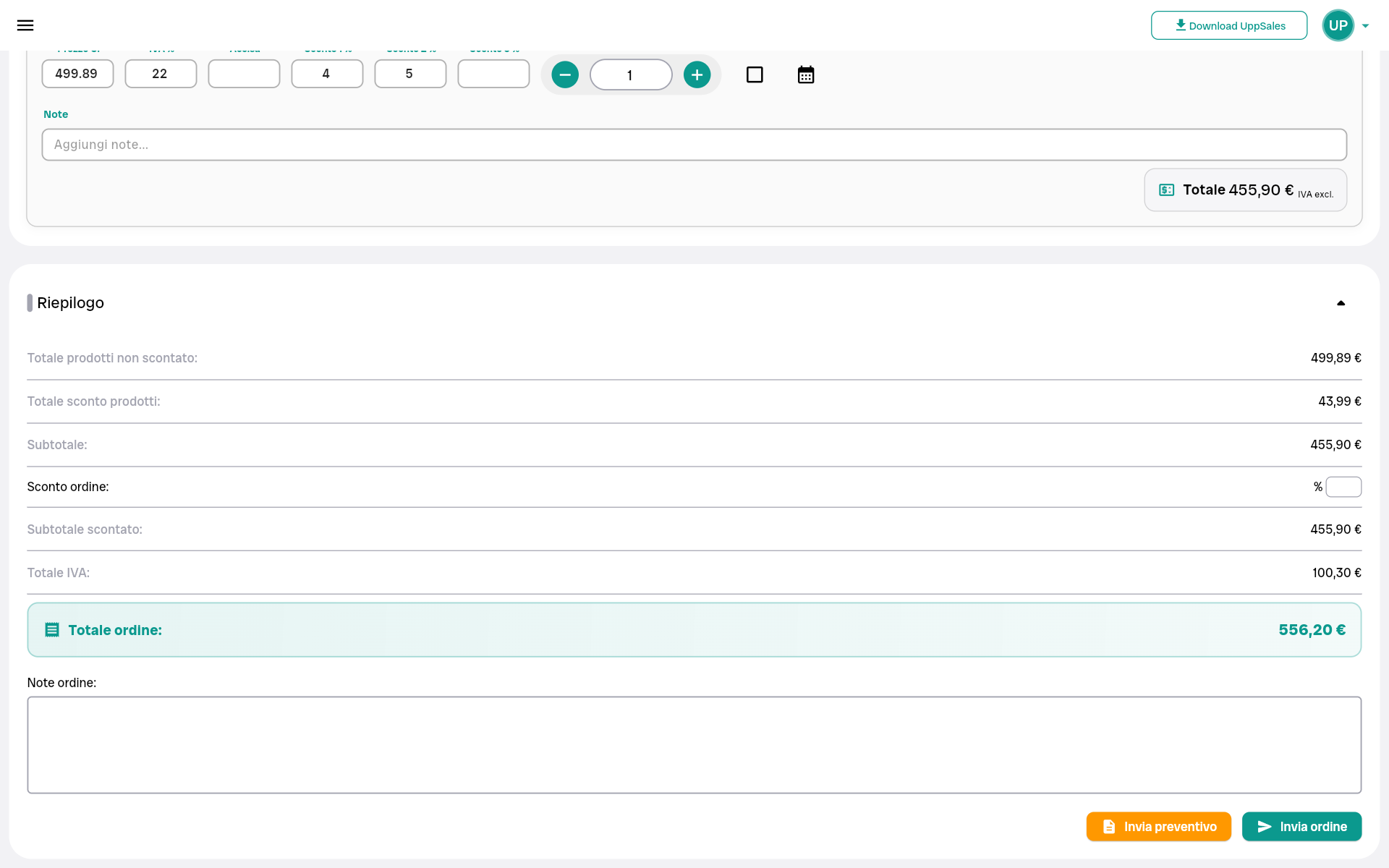ordini_personalizzati-2 Riepilogo dell'ordine con dettagli su prodotti, sconti e totale finale.