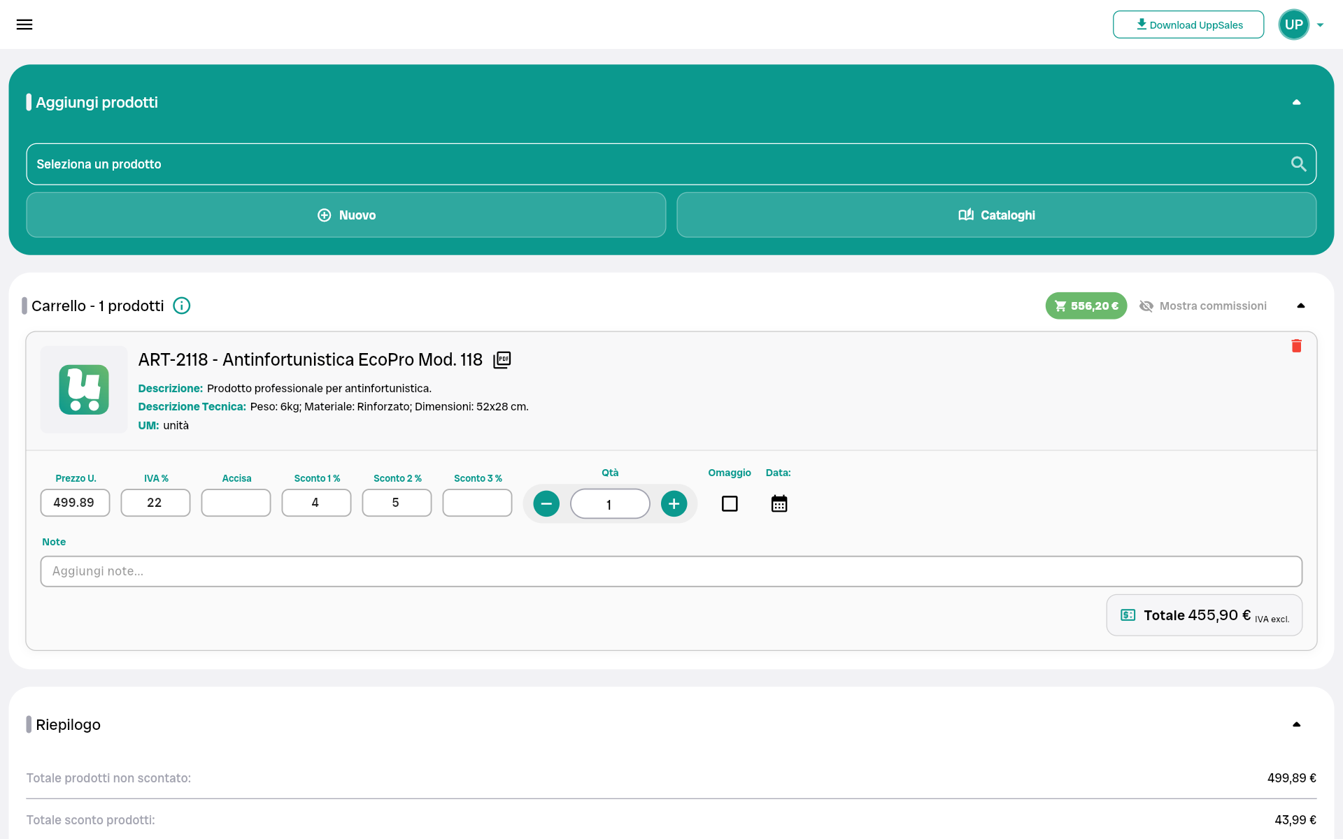 ordini_personalizzati-3 Interfaccia di un carrello acquisti con dettagli su un prodotto di antinfortunistica.