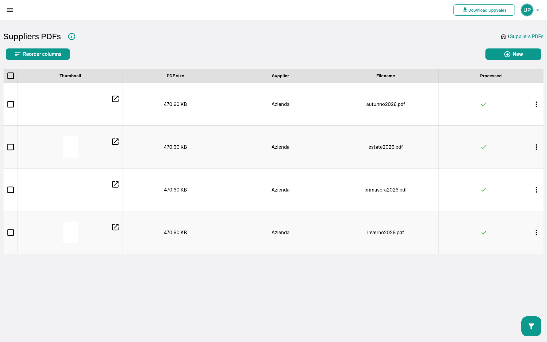 pdf_suppliers Image of a software interface showing lists of supplier PDFs, including file information and processing status.