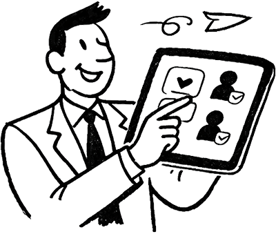 How it works 2 Businessman using a tablet to showcase social media engagement and connections, illustrated in a professional style.