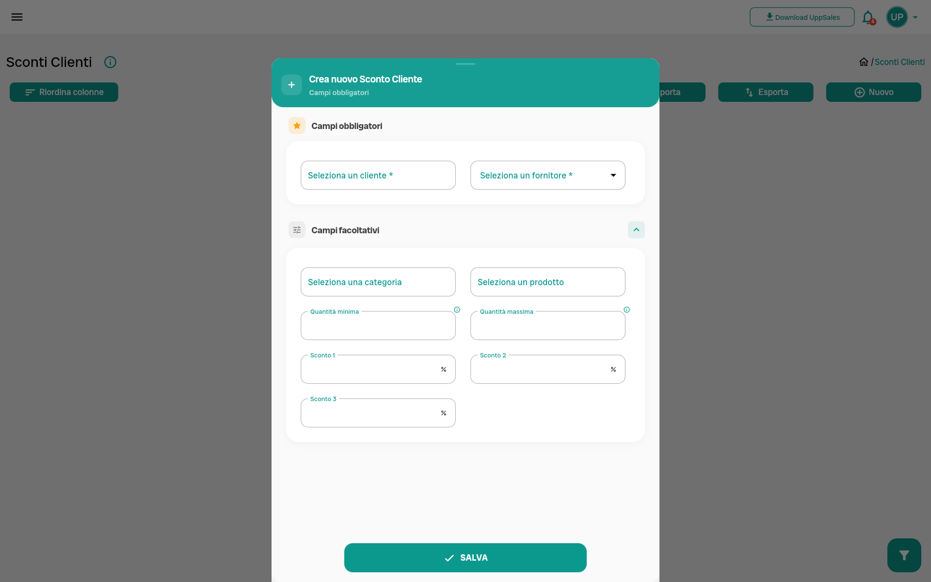 utente_sconto Interfaccia per la creazione di sconti clienti, con campi obbligatori e facoltativi da compilare.